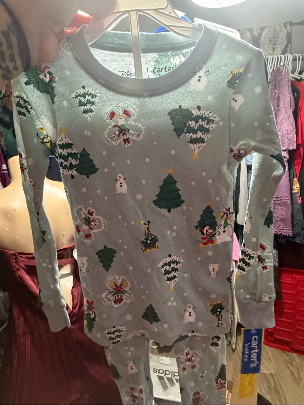 Carter's Disney Light Gray Holiday Tree & Snowman Long Sleeve Pajamas